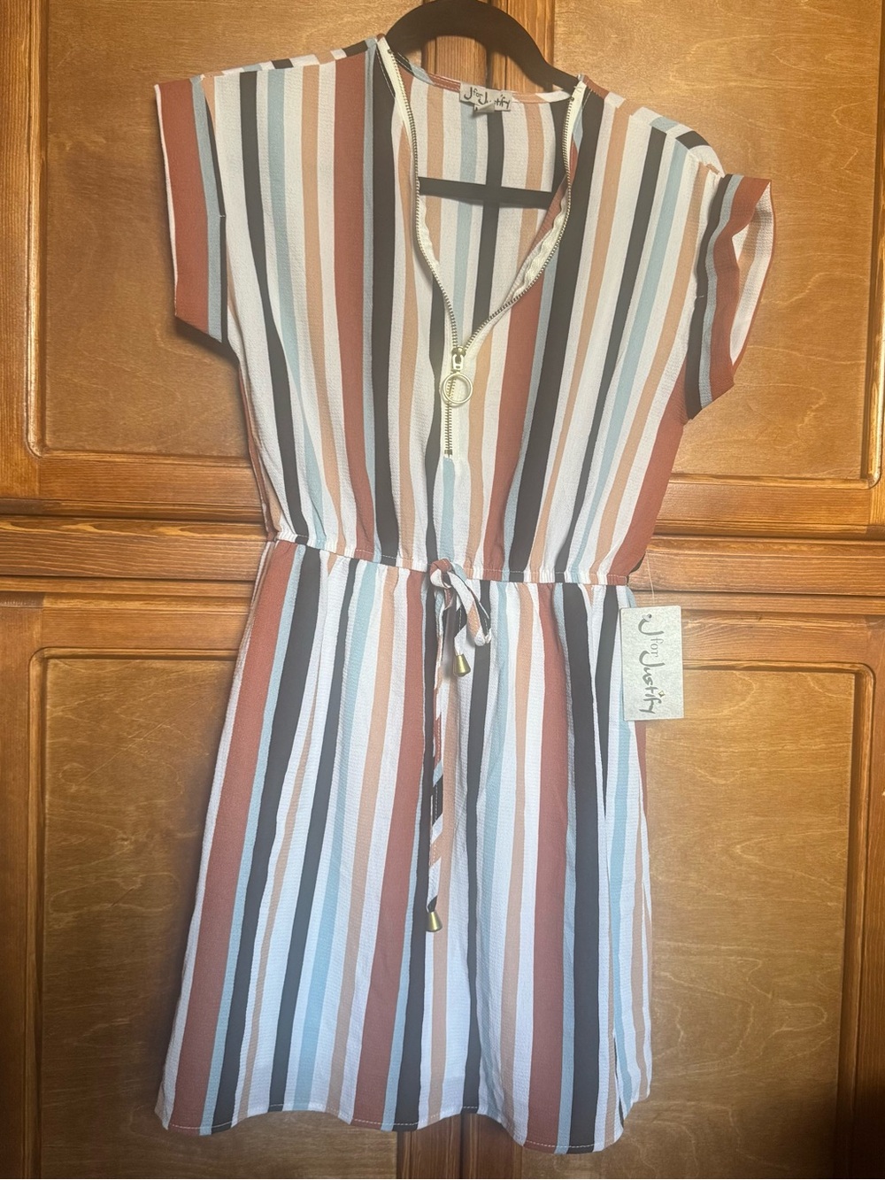 J for Justify Multicolor Vertical Stripe Dress in Rust, Blue, White & Black